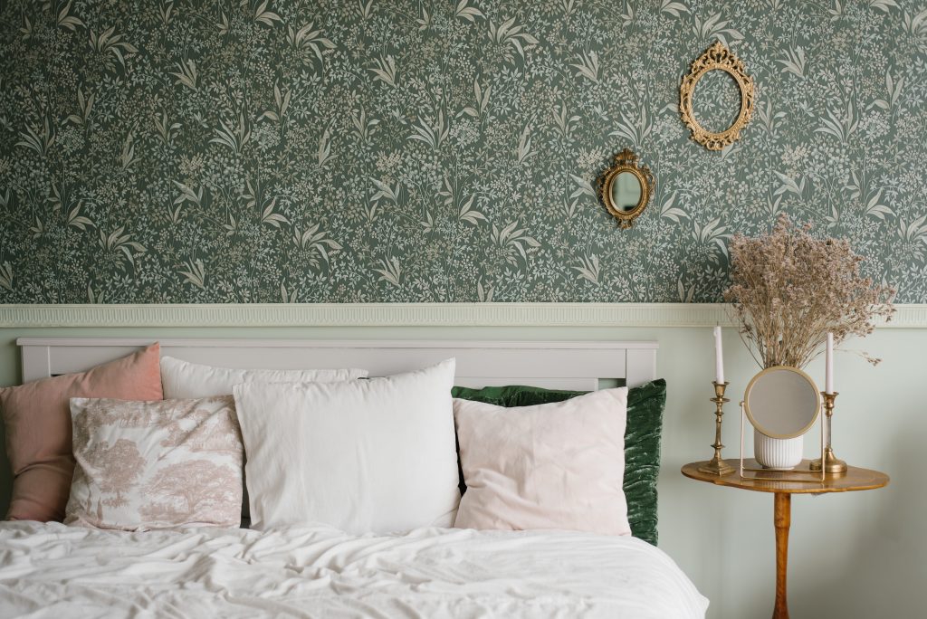 floral pattern peel and stick wallpaper in a bedroom